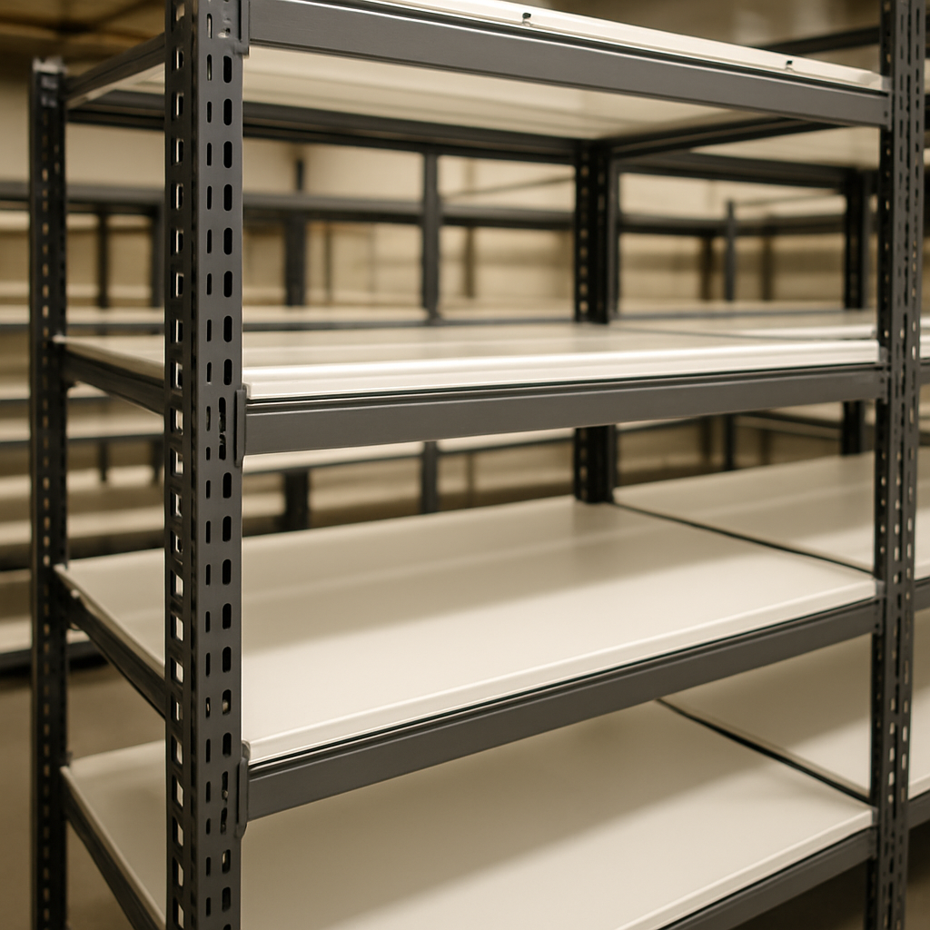 Heavy-duty commercial gondola shelving units in a retail warehouse showroom