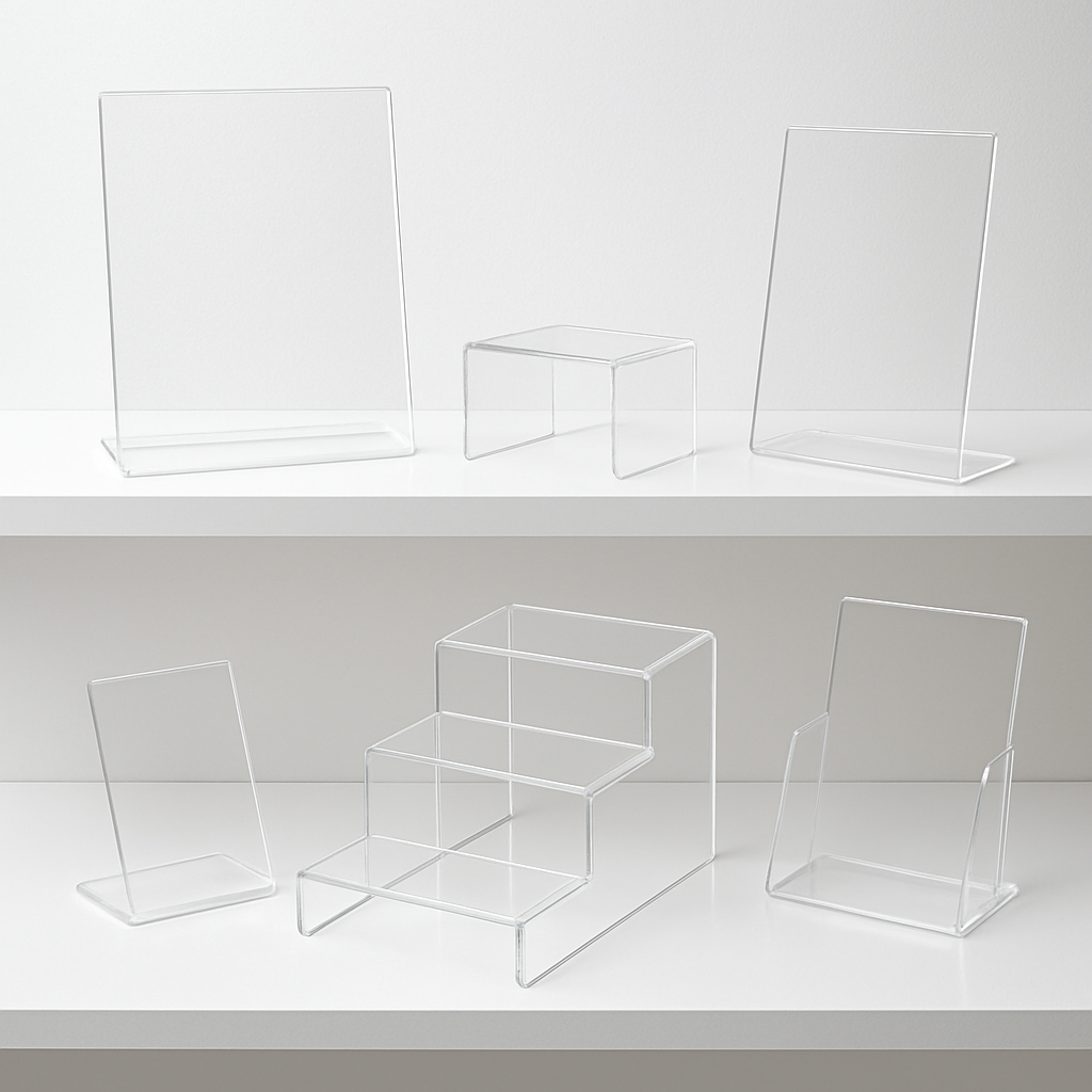 Clear acrylic display stands and holders for retail shelving