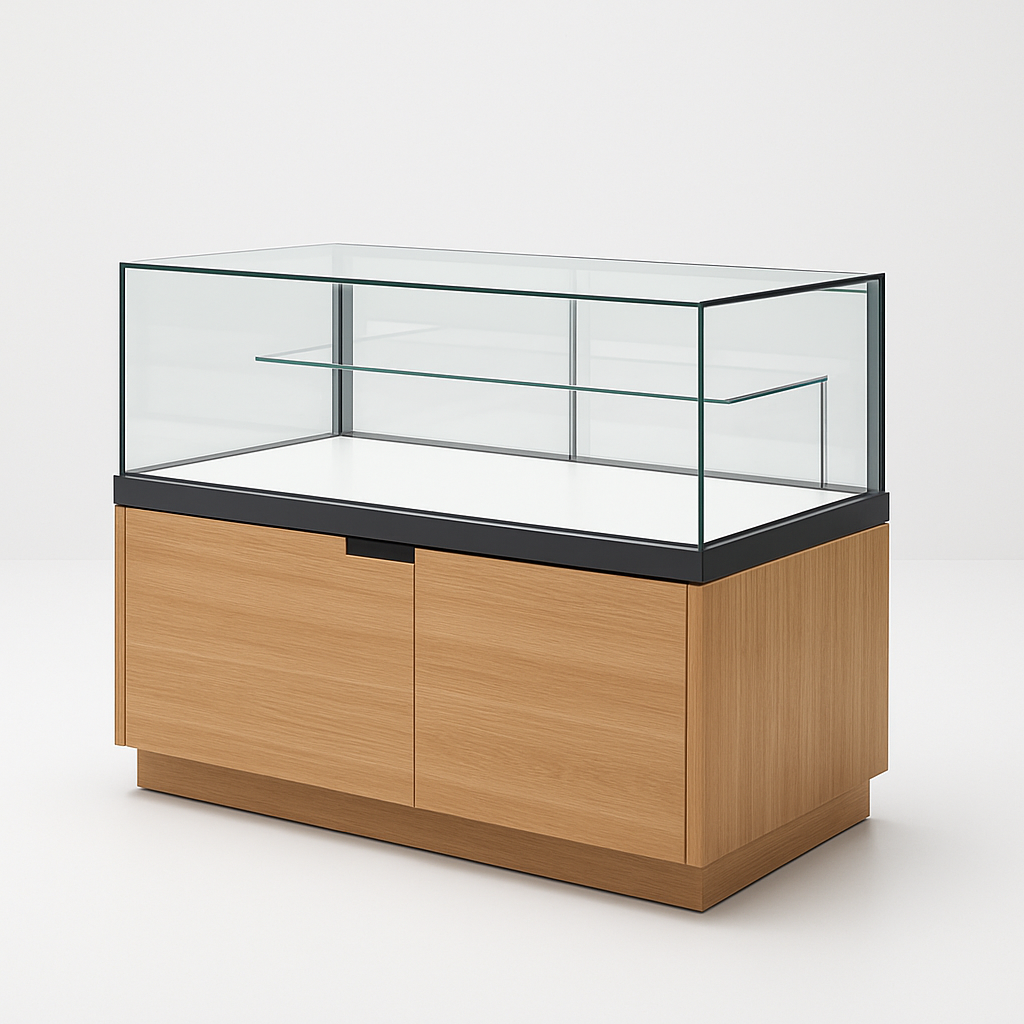 Modern glass and wood retail point-of-sale display counter