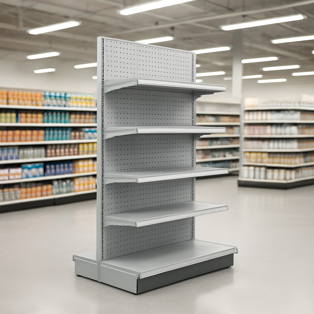 Gondola end bay free-standing display unit with tiered product shelves