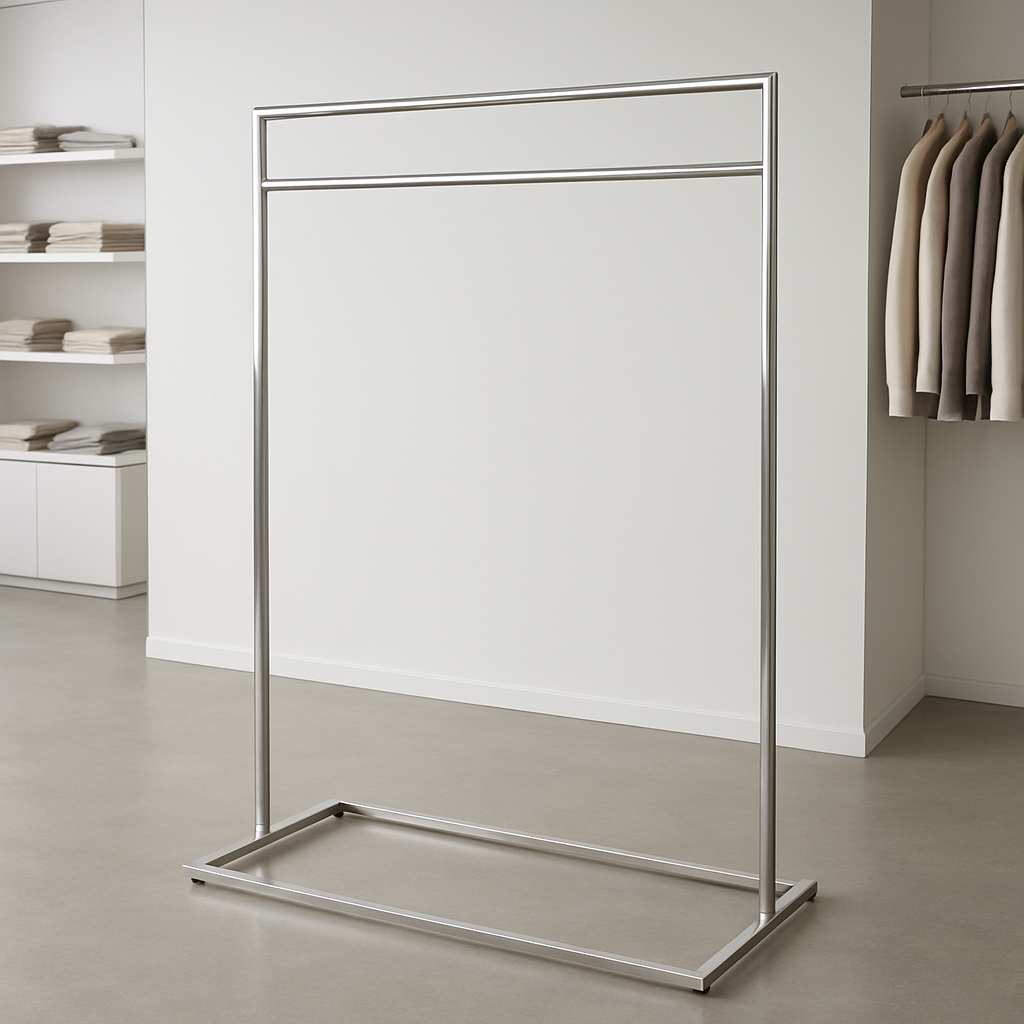 Retail clothing rack with chrome rail for store display