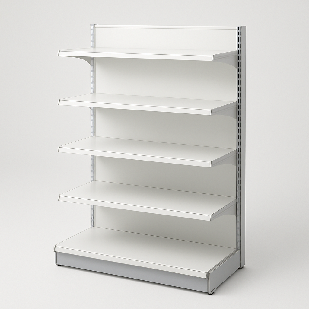 Commercial gondola shelving system with multiple tiers and steel frame