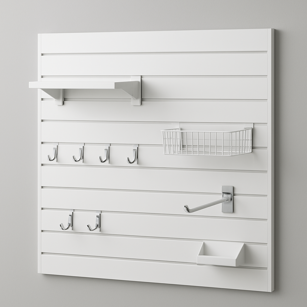 Retail slatwall display panel with hooks and accessories mounted